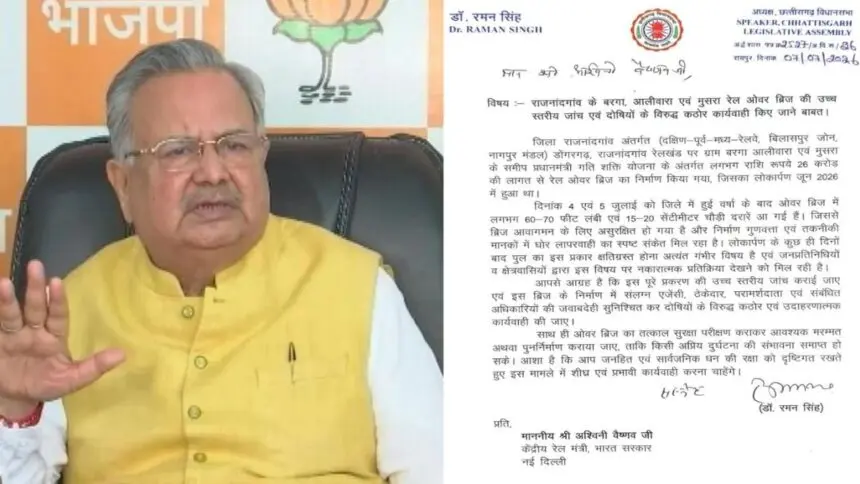 CG NEWS : राजनांदगांव के बरगा-आलीवारा-मुसरा रेल ओवरब्रिज की उच्च स्तरीय जांच की मांग, विधानसभा अध्यक्ष डॉ. रमन सिंह ने रेल मंत्री अश्विनी वैष्णव को लिखा पत्र