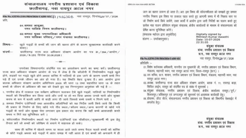 CG NEWS: छत्तीसगढ़ में खुले गड्ढों को लेकर सरकार का बड़ा एक्शन, सभी निकायों को सख्त निर्देश