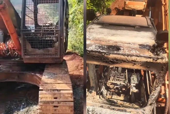 चेमल माइंस में अज्ञात द्वारा चैन माउंट मशीन पर लगाई आग, मौके पर मिला पर्चा